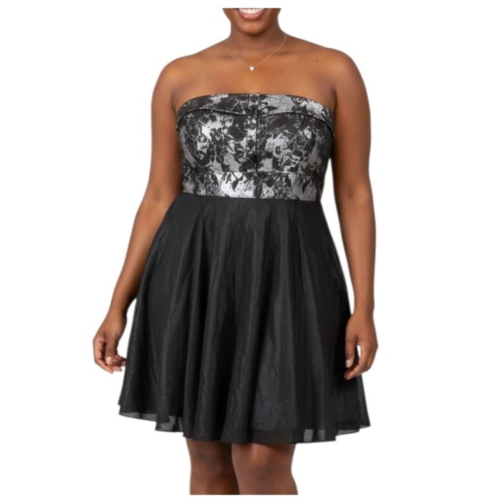 NWOT Eshakti Party Dress Strapless SILVER BROCADE BUST Black Mesh Skirt 18W, 1X